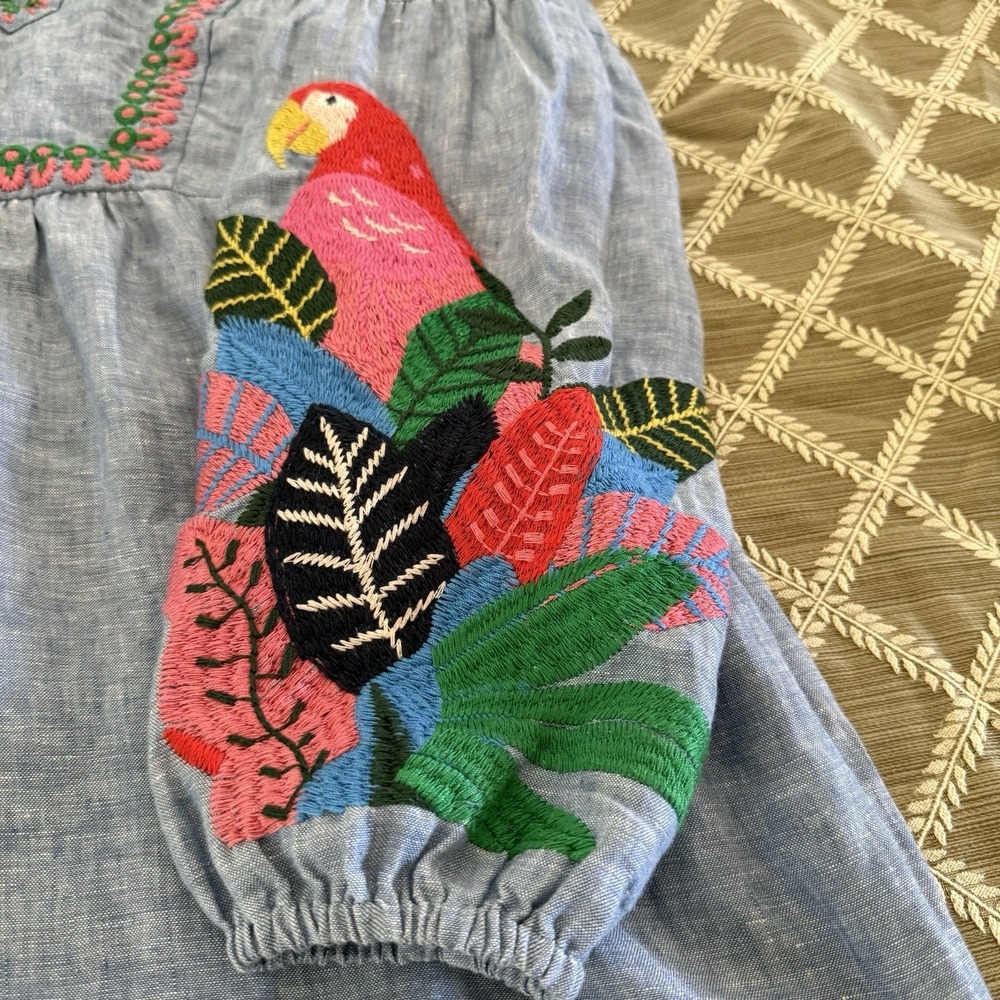Boden Leonie Parrot Embroidered Linen Dress Blue Women's Resort Vacation 10R - Picture 11 of 15